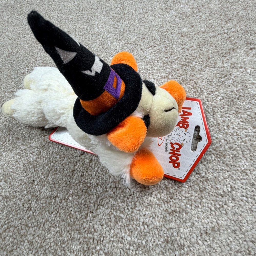 Multipet Lamb Chop Halloween Witch Dog Toy Plush Squeaker 6 Inch White Orange